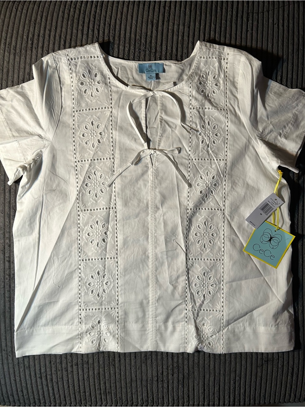 CeCe White Eyelet Tie-Front Short Sleeve Blouse